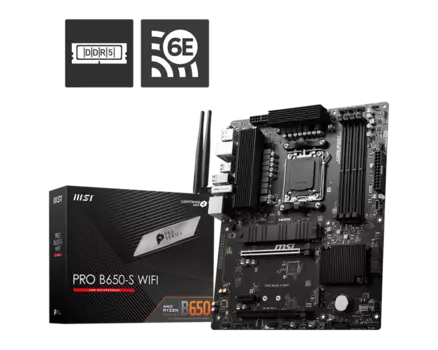 Материнская плата MSI PRO B650-S WIFI, AM5, AMD B650, 4xDDR5 DIMM, 2PCI-Ex16, 4SATA3, 7.1-ch, 2.5GLAN, 9 USB 3.2, 2 USB Type-C, HDMI, DP, ATX, Retail