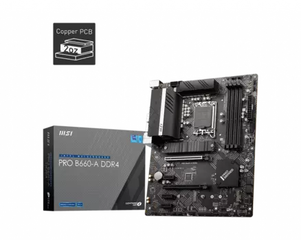 Материнская плата MSI PRO B660-A DDR4, Socket1700, Intel B660, 4xDDR4, 2PCI-Ex16, 4SATA3, 7.1-ch, 4 USB 3.2, 2 USB Type-C, VGA, HDMI, DP, ATX, Retail