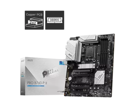 Материнская плата MSI PRO B760-P II, Socket1700, Intel B760, 4xDDR5 DIMM, 2PCI-Ex16, 4SATA3, 7.1-ch, 2.5GLAN, 6 USB 3.2, 2 USB Type-C, HDMI, DP, ATX, Retail