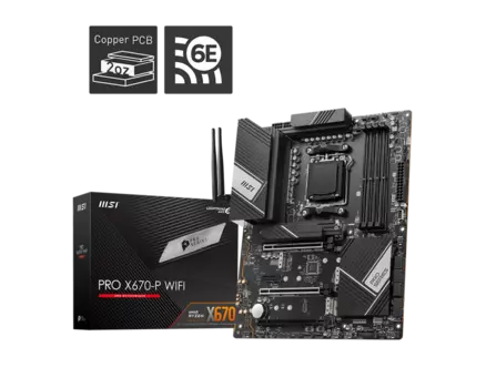 Материнская плата MSI PRO X670-P WIFI, AM5, AMD X670, 4xDDR5 DIMM, 3PCI-Ex16, 6SATA3, 7.1-ch, 2.5GLAN, 13 USB 3.2, 3 USB Type-C, HDMI, DP, ATX, Retail