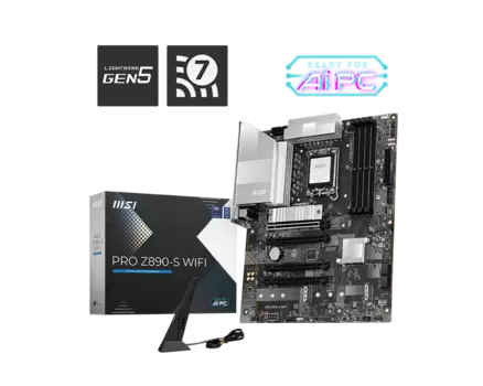 Материнская плата MSI PRO Z890-S WIFI, LGA1851, Intel Z890, 4xDDR5 DIMM, 3PCI-Ex16, 4SATA3, 7.1-ch, 2.5GLAN, 8 USB 3.2, 2 USB Type-C, HDMI, DP, ATX, Retail