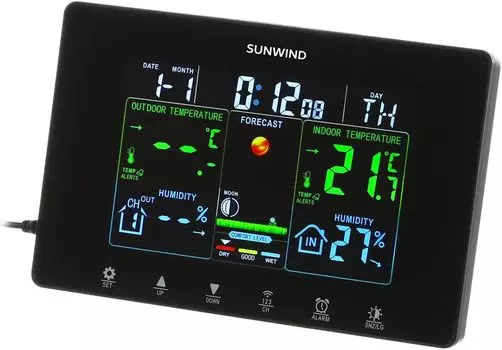 Метеостанция с беспроводным датчиком, температура в помещении / температура снаружи / влажность в помещении / влажность снаружи, черный, SUNWIND SW-WSH160-COLOR (SW-WSH160-COLOR)