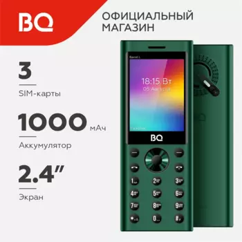 Мобильный телефон BQ Barrel L, 2.4" 320x240 TFT, 32Mb RAM, 32Mb, BT, 1xCam, 3-Sim, 1000 мА·ч, USB Type-C, зеленый/черный (2458)