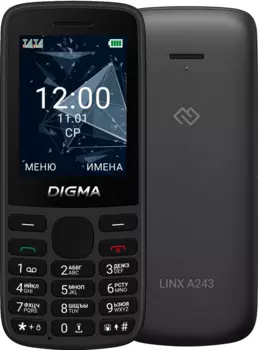 Мобильный телефон DIGMA A243, 2.4" 320x240 TFT, 32Mb RAM, 32Mb, BT, 2-Sim, 1200 мА·ч, USB Type-C, черный (Digma A243 Black)