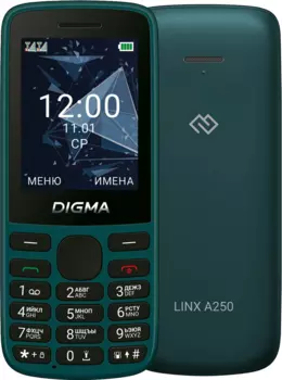 Мобильный телефон DIGMA A250, 2.4" 320x240 TFT, Unisoc T107, 48Mb RAM, 128Mb, 3G/4G, BT, 2-Sim, 1200 мА·ч, USB Type-C, темно-зеленый (Digma A250 Green)