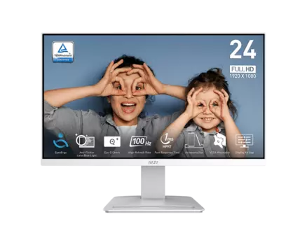 Монитор 23.8" MSI Pro MP2412W VA, 1920x1080 (16:9), 300кд/м2, 100 Гц, 1 мс, 178°/178°, HDMI, DisplayPort, белый (9S6-3BA9CH-072)