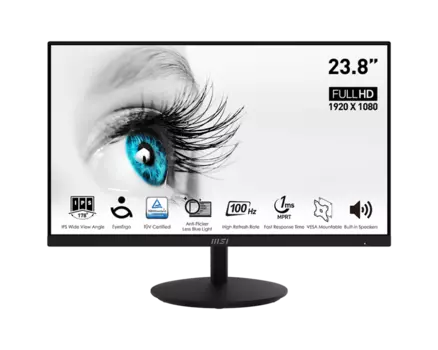 Монитор 23.8" MSI Pro MP242A IPS, 1920x1080 (16:9), 300кд/м2, 100 Гц, 1 мс, 178°/178°, VGA, HDMI, DisplayPort, черный (9S6-3PA1CT-205)