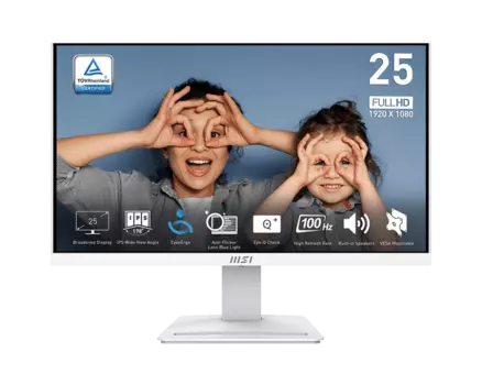 Монитор 24.5" MSI Pro MP253W IPS, 1920x1080 (16:9), 250кд/м2, 100 Гц, 1 мс, 178°/178°, VGA, HDMI, DisplayPort, белый (9S6-3PC7CH-054)