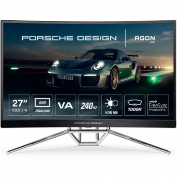 Монитор 27" AOC AGON Porsche Design PD27 VA, изогнутый, 2560x1440 (16:9), 550кд/м2, 240Hz, 0.5 мс, 178°/178°, FreeSync Premium Pro, HDMI, DisplayPort, USB-Hub, черный/серебристый
