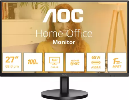 Монитор 27" AOC Home Office 27B3CA2 IPS, 1920x1080 (16:9), 250кд/м2, 100 Гц, 1 мс, 178°/178°, HDMI, DisplayPort, USB Type-C, черный (27B3CA2)