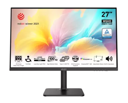 Монитор 27" MSI Modern MD272QXP IPS, 2560x1440 (16:9), 400кд/м2, 100 Гц, 1 мс, 178°/178°, HDMI, DisplayPort, USB Type-C, USB-Hub, черный (9S6-3PB19H-233)