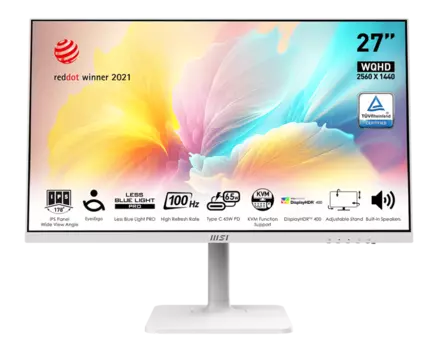 Монитор 27" MSI Modern MD272QXPW IPS, 2560x1440 (16:9), 400кд/м2, 100 Гц, 1 мс, 178°/178°, HDMI, DisplayPort, USB Type-C, USB-Hub, белый (9S6-3PB19H-225)