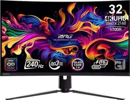 Монитор 31.5" MSI MPG 321CURX QD-OLED, изогнутый, 3840x2160 (16:9), 250кд/м2, 240 Гц, 0.03 мс, 178°/178°, HDMI, DisplayPort, USB Type-C, USB-Hub, черный (9S6-3DD64T-003)
