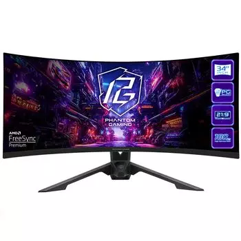 Монитор 34" ASRock Phantom Gaming PG34QRT3A VA, изогнутый, 3440x1440 (21:9), 500кд/м2, 180 Гц, 1 мс, 178°/178°, HDMI, DisplayPort, USB-Hub, черный (PG34QRT3A)