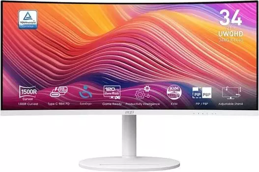 Монитор 34" MSI Modern MD342CQPW VA, изогнутый, 3440x1440 (21:9), 300кд/м2, 120 Гц, 1 мс, 178°/178°, HDMI, DisplayPort, USB Type-C, USB-Hub, белый (9S6-3PC59H-021)