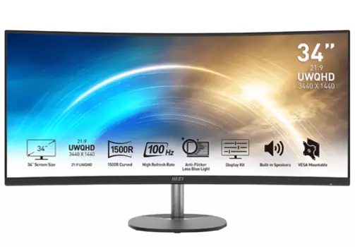 Монитор 34" MSI Pro MP341CQ VA, изогнутый, 3440x1440 (21:9), 300кд/м2, 100 Гц, 1 мс, 178°/178°, HDMI, DisplayPort, черный (9S6-3PB2CT-027)