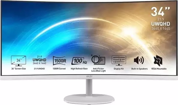 Монитор 34" MSI Pro MP341CQW VA, изогнутый, 3440x1440 (21:9), 300кд/м2, 100 Гц, 1 мс, 178°/178°, HDMI, DisplayPort, белый (9S6-3PB2CT-025)
