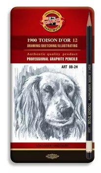 Набор чернографитных карандашей 8B-2H, шестигранная форма, 12 шт., черный, KOH-I-NOOR Toison D`or 1912 (1912012001PLRU)
