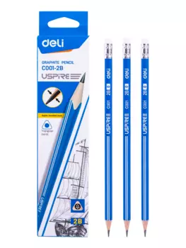 Набор чернографитных карандашей 2B, круглая форма, 12 шт., с ластиком, синий, Deli Uspire 2B EC001-2B (EC001-2B)