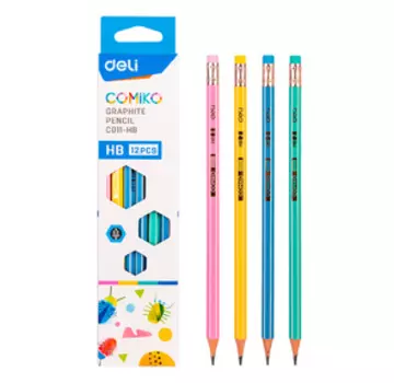 Набор чернографитных карандашей HB, шестигранная форма, 12 шт., с ластиком, ассорти, Deli EC011 (EC011-HB)