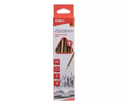 Набор чернографитных карандашей HB, треугольная форма, 12шт., с ластиком, золотистый/коричневый, Deli (EU50400)