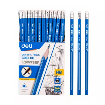 Набор чернографитных карандашей HB, треугольная форма, 144шт., с ластиком, синий, Deli EC010- (EC010-HB)