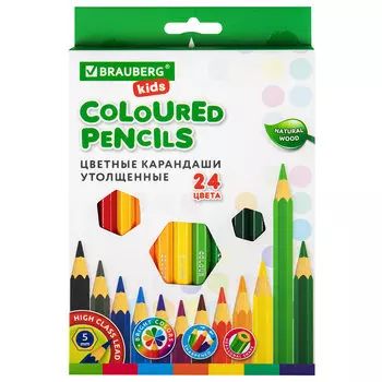 Набор цветных карандашей BRAUBERG KIDS, шестигранные, 24 шт., заточенные (181879)