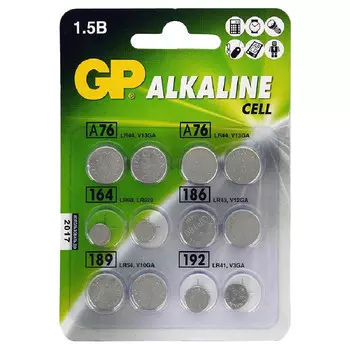Набор дисковых батареек, 12 шт. в уп-ке (GP ACM01-CR12) (2 x LR41 (192), 2 x LR43 (186), 4 x LR44 (A76), 2 x LR54 (189), 2 x LR60 (164))