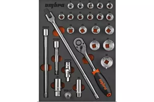 Набор головок торцевых OMBRA OMT26STE, предметов в наборе: 26 шт., с трещоткой 1/2" DR и аксессуарами, ложемент (56134)