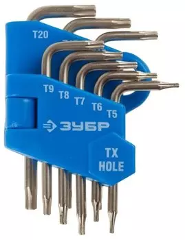 Набор имбусовых ключей ЗУБР ЭКСПЕРТ МИНИ, предметов в наборе: 8шт., с отверстием, для защищенного крепежа, пластиковый держатель (27477-H8)