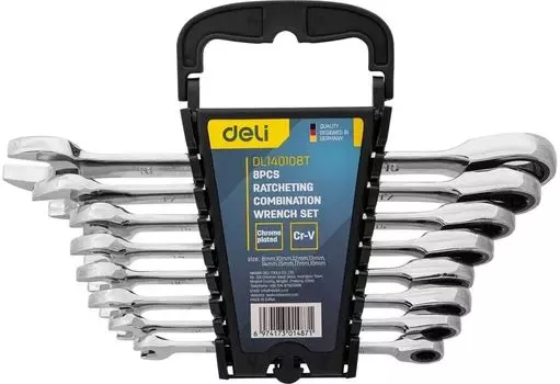 Набор комбинированных ключей с трещоткой, предметов в наборе: 8 шт., высокоуглеродистая сталь, ключи: комбинированные - 8 шт., пластиковый держатель, Deli DL140108T (DL140108T)