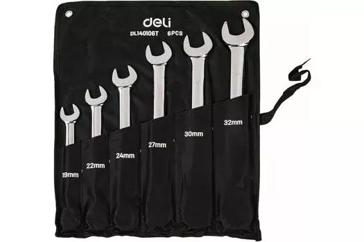 Набор комбинированных ключей с трещоткой, предметов в наборе: 6 шт., высокоуглеродистая сталь, ключи: комбинированные - 6 шт., чехол, Deli DL140106T (DL140106T)