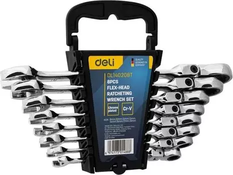 Набор комбинированных шарнирных ключей с трещоткой, предметов в наборе: 8 шт., высокоуглеродистая сталь, ключи: комбинированные - 8 шт., пластиковый держатель, Deli DL140208T (DL140208T)