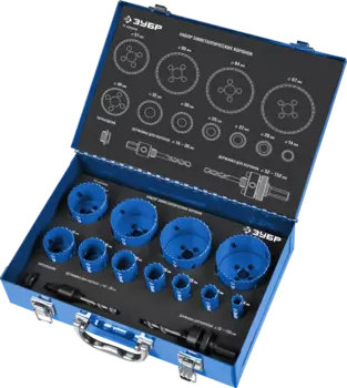 Набор коронок Зубр ЭКСПЕРТ 14, 20, 22, 25, 30, 35, 40, 51, 60, 64, 67 мм, хвостовик: шестигранник, биметаллическая, металл, дерево, ДСП, фанера, пластик (29531-H11)
