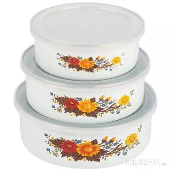 Набор мисок Mallony Familia, 14/16/18 см, 0.6/0.85/1.25 л, металл, белый, с крышкой, 3 шт. (008763)