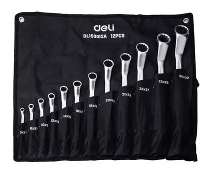 Набор накидных изогнутых ключей, предметов в наборе: 12 шт., углеродистая сталь, ключи: накидные - 12 шт., чехол, Deli DL150012A (DL150012A)