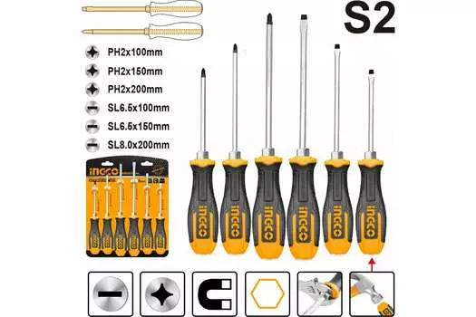 Набор отверток, предметов в наборе: 6 шт., насадки легированная сталь s2, INGCO HSGT680608 (2640122783)
