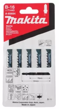 Набор пилок для лобзика Makita A-85684, точный рез (прямой), быстрый рез, ДСП, пластик, столярные плиты, фанера, ДВП, 5шт