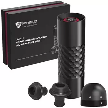 Набор Prestigio Electric Vacuum Wine Stopper with 2 stoppers, вакуумная помпа, автоматическая вакуумная помпа, пробка для шампанского, 500mAh, черный (PWA103APSRB)