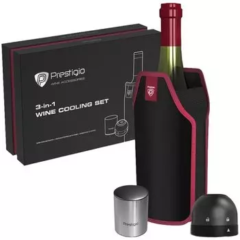 Набор Prestigio Wine Stopper + Champagne Stopper + Sleeve, рукав охладительный, вакуумная пробка с помпой, пробка для шампанского, черный/красный/серебристый (PWA101CS)