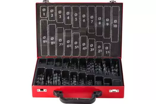 Набор сверл, 1 мм (10 шт), 1.5 мм (10 шт), 2 мм (10 шт), 2.5 мм (10 шт), 3 мм (10 шт), 3.5 мм (10 шт), 4 мм (10 шт), 4.5 мм (10 шт), 5 мм (10 шт), 5.5 мм (10 шт), 6 мм (10 шт), 6.5 мм (10 шт), 7 мм (10 шт), 7.5 мм (10 шт), 8 мм (10 шт), 8.5 мм (5 шт), 9 мм (5 шт), 9.5 мм (5 шт), 10 мм (5 шт), P4M2, по металлу, ЗУБР Мастер, 170 шт. (29605-H170)