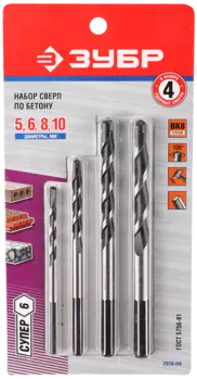 Набор сверл, 3х60, 4х75, 5х85, 6х100, 8х120, 10х120мм, по кирпичу бетону камню и керамограниту, ЗУБР Супер-6, ударное, 4шт. (2916-H4)