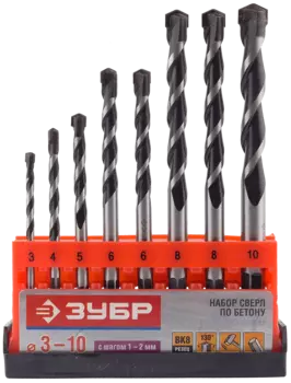 Набор сверл, 3х60, 4х75, 5х85, 6х100, 8х120, 10х120мм, по кирпичу бетону камню и керамограниту, ЗУБР Супер-6, ударное, 8шт. (2916-H5)