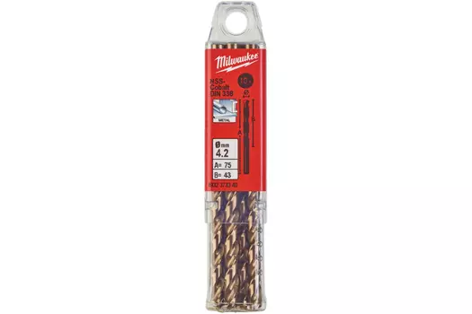 Набор сверл 4.2мм x 75мм/43мм, HSS-CO, по металлу, Milwaukee, 10шт. (4932373340)