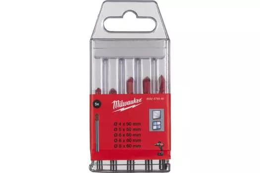 Набор сверл 4 мм x 50 мм, 4-8 мм, твердосплавная сталь, по керамической плитке стеклу, Milwaukee GENII, 5 шт. (4932479948)