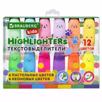 Набор текстовыделителей BRAUBERG CUTE CATS 1-5мм ассорти 12 152437
