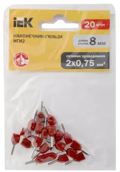 Наконечник НШВИ2 гильза изолированный, 0.75 мм, медь, луженый, под опрессовку, красный, 20 шт., IEK НГИ2 0.75-8 (UTE10-4-D75-100)