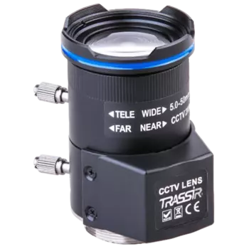 Объектив TRASSIR TR-L4M2.7D5-50IR, 4Мп вариофокальный объектив с ИК-коррекцией и поддержкой АРД, 1/2.7", 5-50мм, F1.4, крепление CS, черный (TR-L4M2.7D5-50IR)