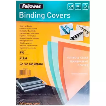 Обложки для переплета Transparent A3, пластик, 0.2мм, 100шт., прозрачные, Fellowes (FS-53764)