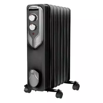Обогреватель масляный 1.5 кВт, до 15 м, секций: 7, термостат, регулировка температуры, механическое управление, напольный, черный, SONNEN DFN-07BL (455310)